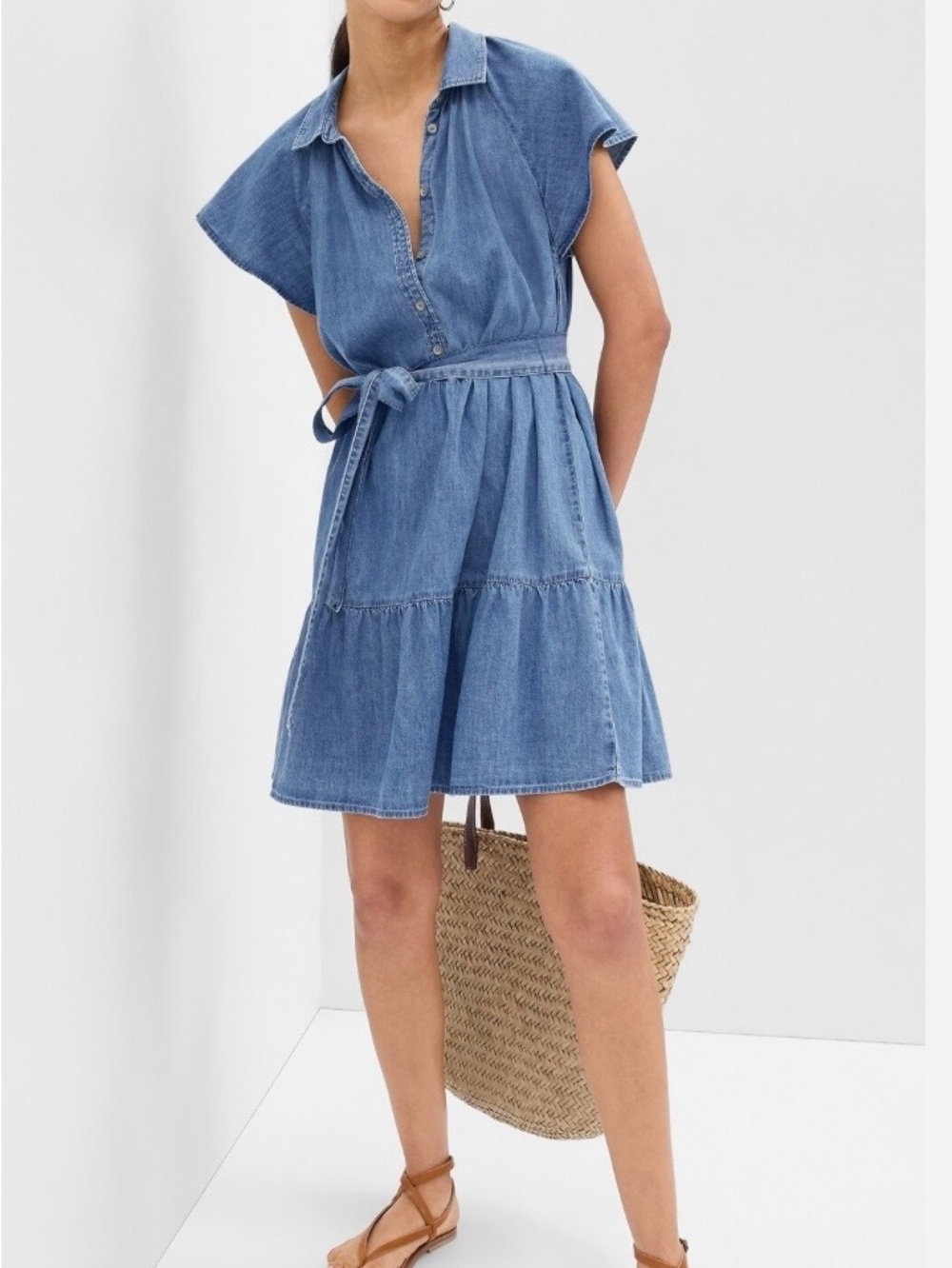 GAP Organic Cotton Denim Flutter Sleeve Mini Shirtdress with Waist Tie